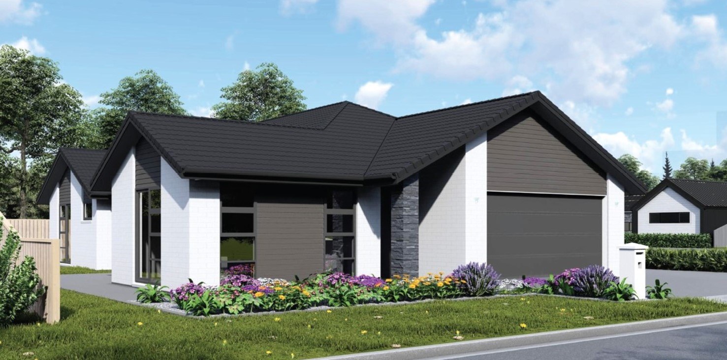  Generation Homes Downsizing or family home-Rimu on Lot 441 Rimu External Render Schist Column web reversed 